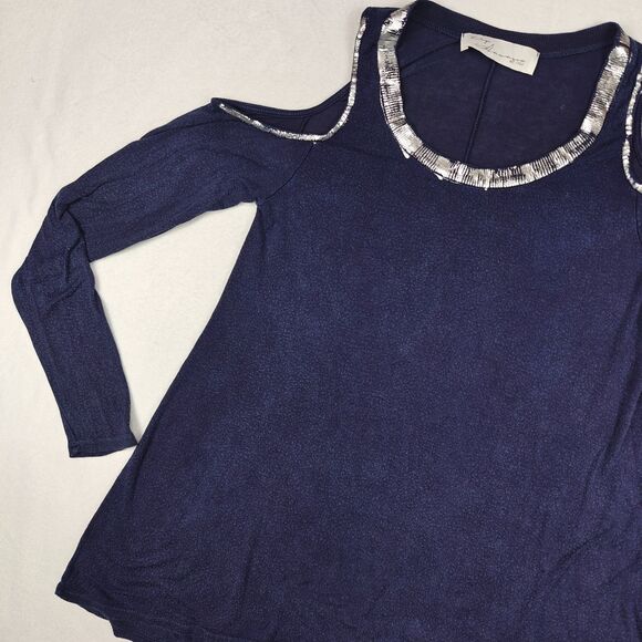 Vintage Havana Distressed Silver Trim Cold Shoulder Tunic Top Size S Y2K Flowy - Picture 5 of 9